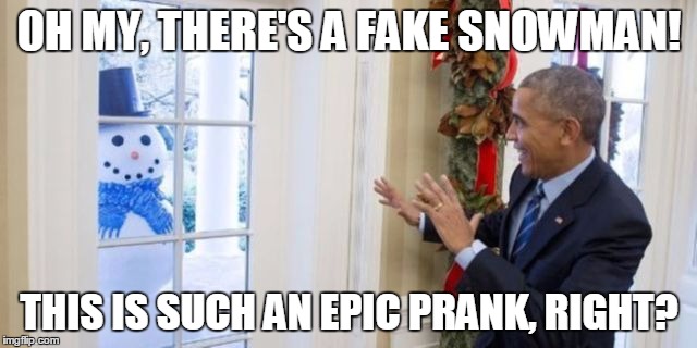 OH MY, THERE'S A FAKE SNOWMAN! THIS IS SUCH AN EPIC PRANK, RIGHT? | image tagged in obama snowman prank | made w/ Imgflip meme maker