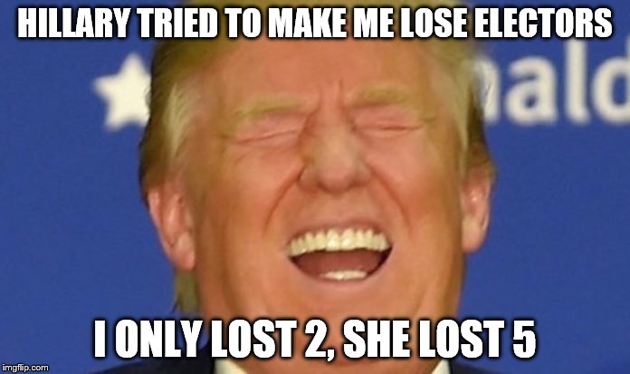 Trump laughing | HILLARY TRIED TO MAKE ME LOSE ELECTORS; I ONLY LOST 2, SHE LOST 5 | image tagged in trump laughing | made w/ Imgflip meme maker