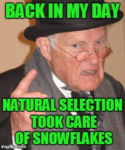 Take the cry out of Christmas. | BACK IN MY DAY; NATURAL SELECTION TOOK CARE OF SNOWFLAKES | image tagged in memes,back in my day | made w/ Imgflip meme maker