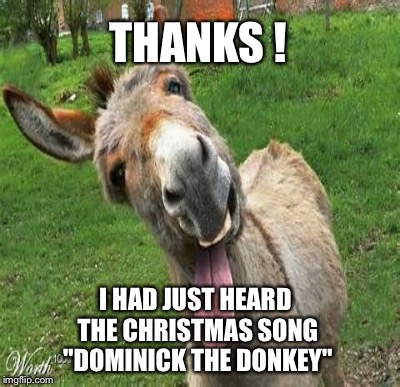 THANKS ! I HAD JUST HEARD THE CHRISTMAS SONG "DOMINICK THE DONKEY" | made w/ Imgflip meme maker
