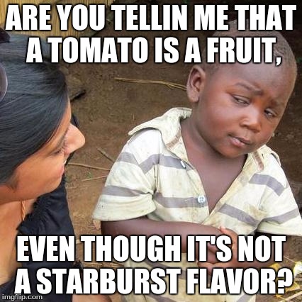Third World Skeptical Kid | ARE YOU TELLIN ME THAT A TOMATO IS A FRUIT, EVEN THOUGH IT'S NOT A STARBURST FLAVOR? | image tagged in memes,third world skeptical kid | made w/ Imgflip meme maker