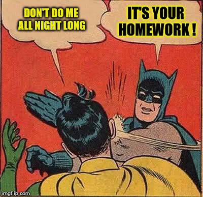 Batman Slapping Robin Meme | DON'T DO ME ALL NIGHT LONG IT'S YOUR HOMEWORK ! | image tagged in memes,batman slapping robin | made w/ Imgflip meme maker