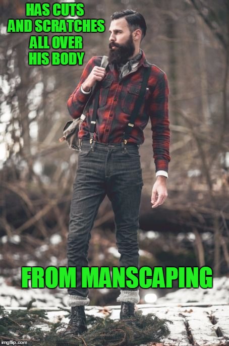 Working hard.....to look like an idiot. | HAS CUTS AND SCRATCHES ALL OVER HIS BODY; FROM MANSCAPING | image tagged in hipster lumberjack | made w/ Imgflip meme maker