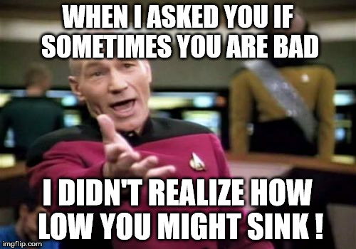 Picard Wtf Meme | WHEN I ASKED YOU IF SOMETIMES YOU ARE BAD I DIDN'T REALIZE HOW LOW YOU MIGHT SINK ! | image tagged in memes,picard wtf | made w/ Imgflip meme maker