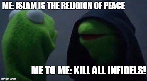 kermit me to me | ME: ISLAM IS THE RELIGION OF PEACE; ME TO ME: KILL ALL INFIDELS! | image tagged in kermit me to me | made w/ Imgflip meme maker