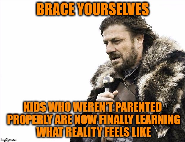 Brace Yourselves X is Coming Meme | BRACE YOURSELVES KIDS WHO WEREN'T PARENTED PROPERLY ARE NOW FINALLY LEARNING WHAT REALITY FEELS LIKE | image tagged in memes,brace yourselves x is coming | made w/ Imgflip meme maker