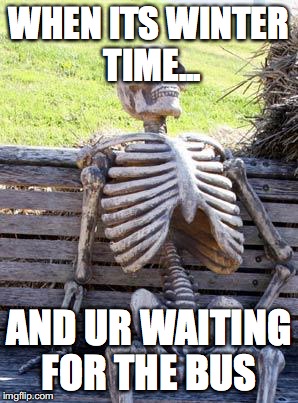 Waiting Skeleton Meme | WHEN ITS WINTER TIME... AND UR WAITING FOR THE BUS | image tagged in memes,waiting skeleton | made w/ Imgflip meme maker