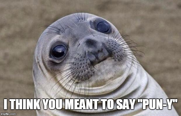 Awkward Moment Sealion Meme | I THINK YOU MEANT TO SAY "PUN-Y" | image tagged in memes,awkward moment sealion | made w/ Imgflip meme maker