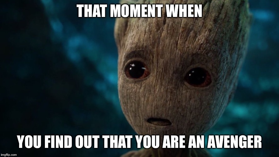 Groot is an Avenger  | THAT MOMENT WHEN; YOU FIND OUT THAT YOU ARE AN AVENGER | image tagged in groot is an avenger,memes | made w/ Imgflip meme maker