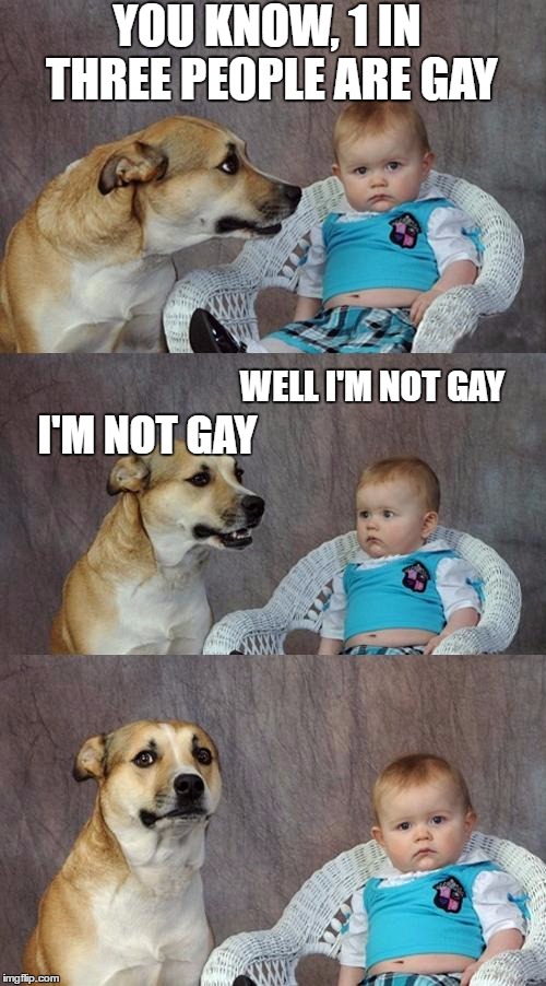 Dad Joke Dog | YOU KNOW, 1 IN THREE PEOPLE ARE GAY; WELL I'M NOT GAY; I'M NOT GAY | image tagged in memes,dad joke dog | made w/ Imgflip meme maker