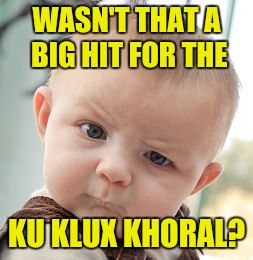 Skeptical Baby Meme | WASN'T THAT A BIG HIT FOR THE KU KLUX KHORAL? | image tagged in memes,skeptical baby | made w/ Imgflip meme maker