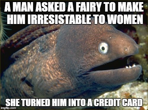 Bad Joke Eel | A MAN ASKED A FAIRY TO MAKE HIM IRRESISTABLE TO WOMEN; SHE TURNED HIM INTO A CREDIT CARD | image tagged in memes,bad joke eel | made w/ Imgflip meme maker