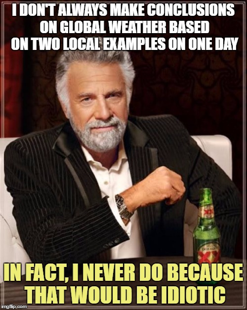 The Most Interesting Man In The World Meme | I DON'T ALWAYS MAKE CONCLUSIONS ON GLOBAL WEATHER BASED ON TWO LOCAL EXAMPLES ON ONE DAY IN FACT, I NEVER DO BECAUSE THAT WOULD BE IDIOTIC | image tagged in memes,the most interesting man in the world | made w/ Imgflip meme maker