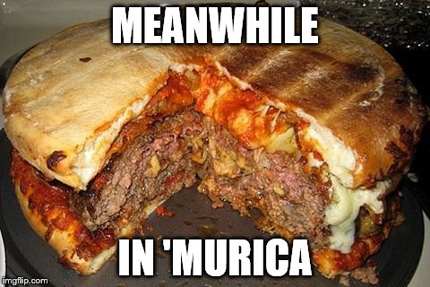 Meanwhile in 'murica... | MEANWHILE; IN 'MURICA | image tagged in merica,fast food,hamburger,pizza,hamburgerpizza | made w/ Imgflip meme maker