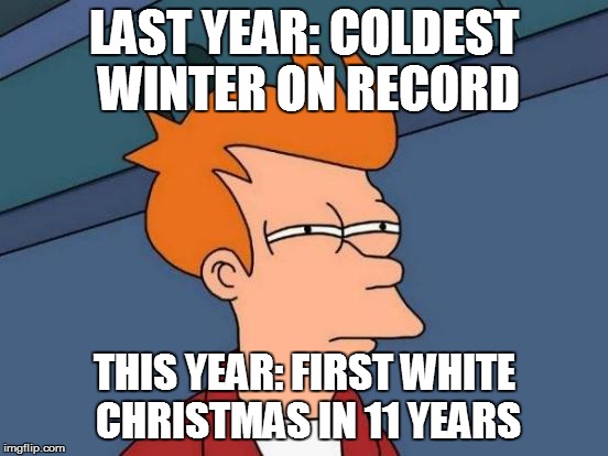 Futurama Fry Meme | LAST YEAR: COLDEST WINTER ON RECORD THIS YEAR: FIRST WHITE CHRISTMAS IN 11 YEARS | image tagged in memes,futurama fry | made w/ Imgflip meme maker