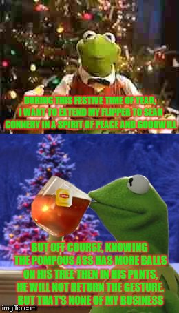 Kermit v. Connery Christmas | DURING THIS FESTIVE TIME OF YEAR, I WANT TO EXTEND MY FLIPPER TO SEAN CONNERY IN A SPIRIT OF PEACE AND GOODWILL; BUT OFF COURSE, KNOWING THE POMPOUS ASS HAS MORE BALLS ON HIS TREE THEN IN HIS PANTS, HE WILL NOT RETURN THE GESTURE. BUT THAT'S NONE OF MY BUSINESS | image tagged in kermit vs connery,christmas | made w/ Imgflip meme maker