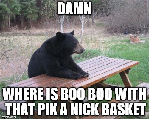 Bad Luck Bear Meme | DAMN; WHERE IS BOO BOO WITH THAT PIK A NICK BASKET | image tagged in memes,bad luck bear | made w/ Imgflip meme maker