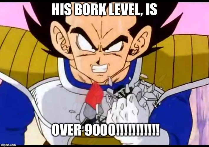 Goku reacts to dogs on maximum bork drive | HIS BORK LEVEL, IS; OVER 9000!!!!!!!!!!! | image tagged in goku reacts to dogs on maximum bork drive | made w/ Imgflip meme maker