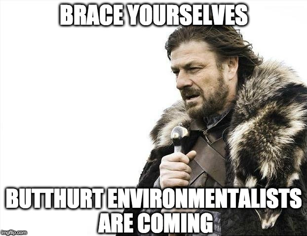 BRACE YOURSELVES BUTTHURT ENVIRONMENTALISTS ARE COMING | image tagged in memes,brace yourselves x is coming | made w/ Imgflip meme maker