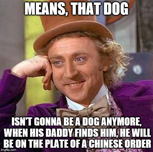 MEANS, THAT DOG ISN'T GONNA BE A DOG ANYMORE, WHEN HIS DADDY FINDS HIM, HE WILL BE ON THE PLATE OF A CHINESE ORDER | image tagged in memes,creepy condescending wonka | made w/ Imgflip meme maker