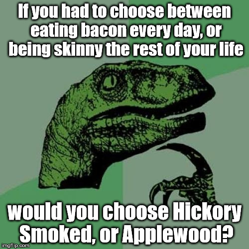 Philosoraptor Meme | If you had to choose between eating bacon every day, or being skinny the rest of your life; would you choose Hickory Smoked, or Applewood? | image tagged in memes,philosoraptor | made w/ Imgflip meme maker