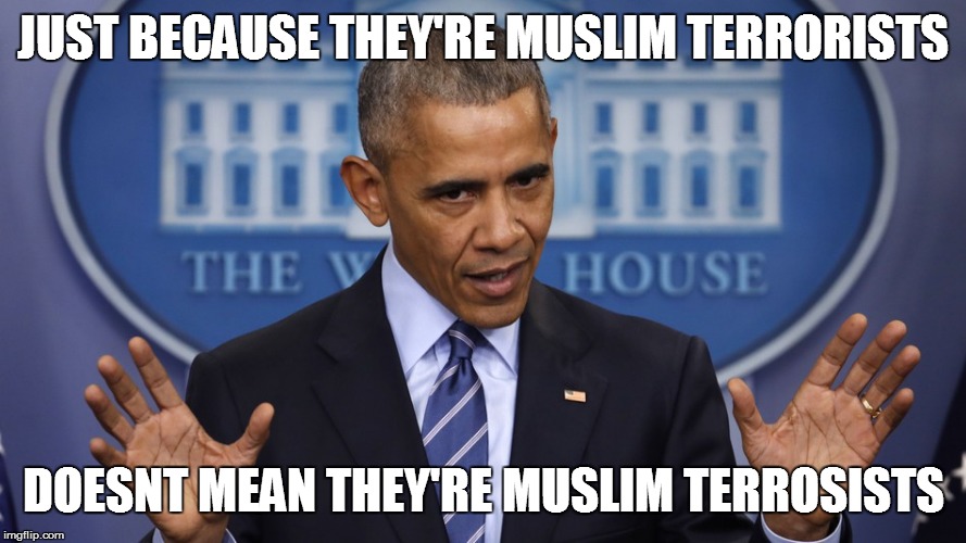 just because | JUST BECAUSE THEY'RE MUSLIM TERRORISTS; DOESNT MEAN THEY'RE MUSLIM TERROSISTS | image tagged in obama | made w/ Imgflip meme maker
