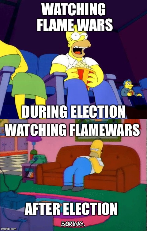 Seriously guys, get it together. This is boring. | WATCHING FLAME WARS; DURING ELECTION; WATCHING FLAMEWARS; AFTER ELECTION | image tagged in homer simpson,flame war,election | made w/ Imgflip meme maker