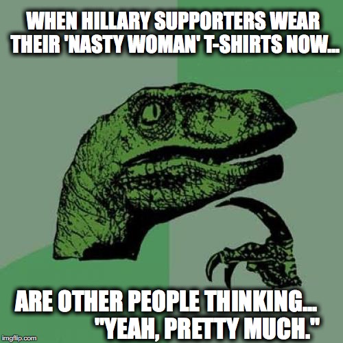 Philosoraptor | WHEN HILLARY SUPPORTERS WEAR THEIR 'NASTY WOMAN' T-SHIRTS NOW... ARE OTHER PEOPLE THINKING...                  
"YEAH, PRETTY MUCH." | image tagged in memes,philosoraptor | made w/ Imgflip meme maker