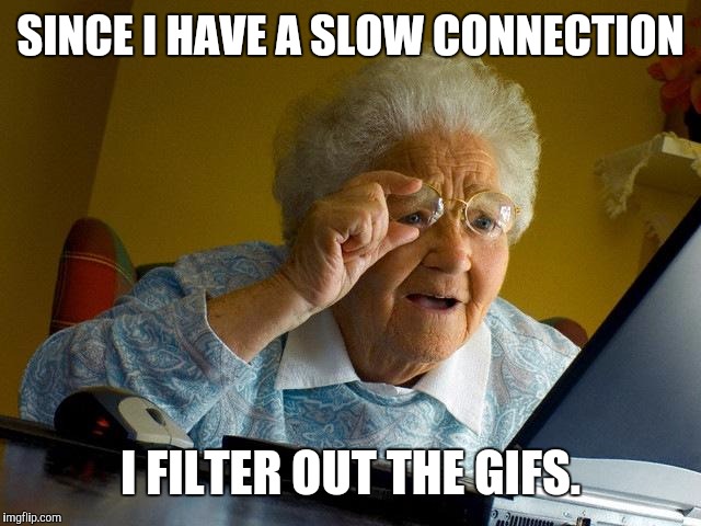 Grandma Finds The Internet Meme | SINCE I HAVE A SLOW CONNECTION I FILTER OUT THE GIFS. | image tagged in memes,grandma finds the internet | made w/ Imgflip meme maker