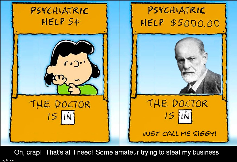 It's a dog-eat-dog world | Oh, crap!  That's all I need! Some amateur trying to steal my business! | image tagged in psychiatrist,lucy,freud,doctor | made w/ Imgflip meme maker