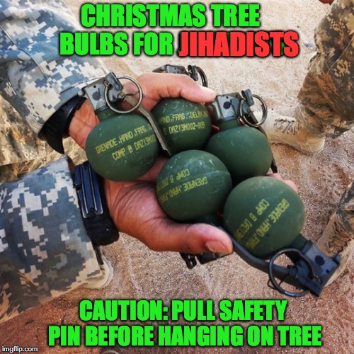 OH, TANNENBOOM! | CHRISTMAS TREE BULBS FOR JIHADISTS; JIHADISTS; CAUTION: PULL SAFETY PIN BEFORE HANGING ON TREE | image tagged in jihadist,season's greetings | made w/ Imgflip meme maker