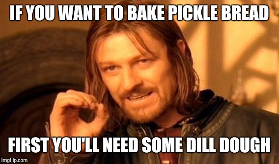 One Does Not Simply Meme | IF YOU WANT TO BAKE PICKLE BREAD; FIRST YOU'LL NEED SOME DILL DOUGH | image tagged in memes,one does not simply | made w/ Imgflip meme maker