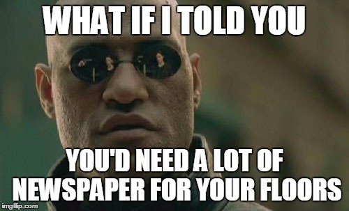 Matrix Morpheus Meme | WHAT IF I TOLD YOU YOU'D NEED A LOT OF NEWSPAPER FOR YOUR FLOORS | image tagged in memes,matrix morpheus | made w/ Imgflip meme maker