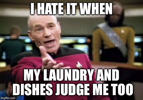 Picard Wtf Meme | I HATE IT WHEN MY LAUNDRY AND DISHES JUDGE ME TOO | image tagged in memes,picard wtf | made w/ Imgflip meme maker