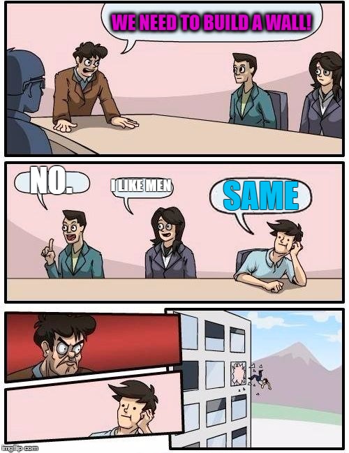 Boardroom Meeting Suggestion Meme | WE NEED TO BUILD A WALL! NO. I LIKE MEN; SAME | image tagged in memes,boardroom meeting suggestion | made w/ Imgflip meme maker