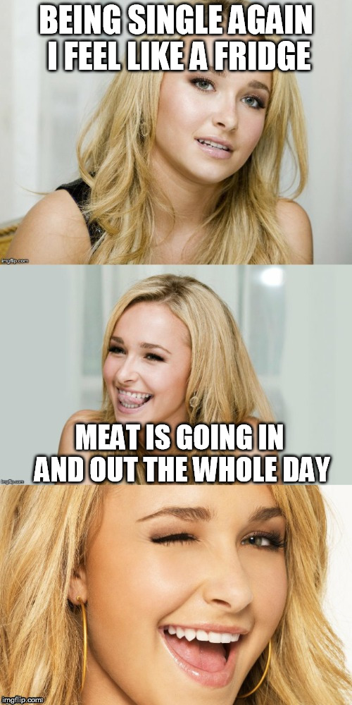Bad Pun Hayden Panettiere | BEING SINGLE AGAIN I FEEL LIKE A FRIDGE; MEAT IS GOING IN AND OUT THE WHOLE DAY | image tagged in bad pun hayden panettiere,memes | made w/ Imgflip meme maker