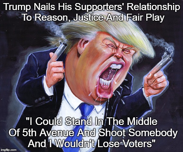 Trump Nails His Supporters' Relationship To Reason, Justice And Fair Play | Trump Nails His Supporters' Relationship To Reason, Justice And Fair Play "I Could Stand In The Middle Of 5th Avenue And Shoot Somebody And  | image tagged in trump,violence,justice,reason,rationality,monstrosity | made w/ Imgflip meme maker