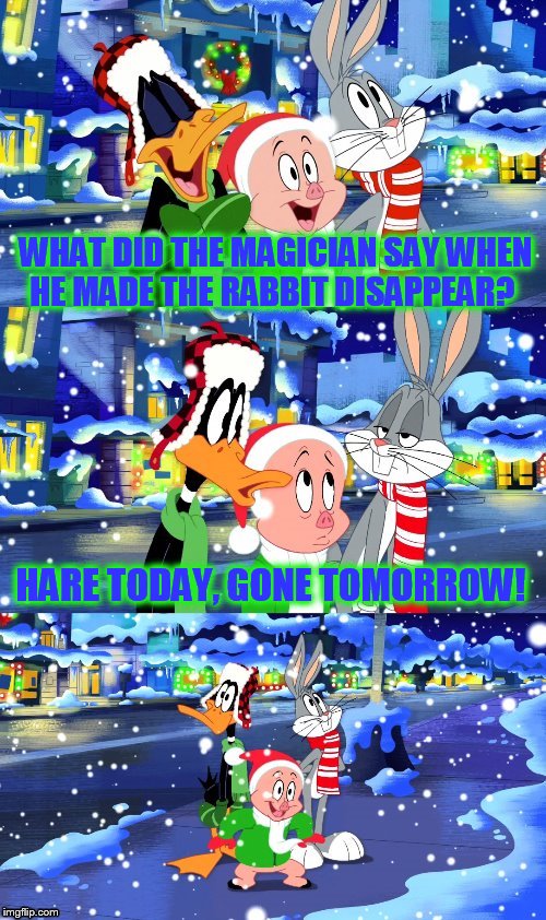 Looney Tune Jokes! (A TammyFaye template!) | WHAT DID THE MAGICIAN SAY WHEN HE MADE THE RABBIT DISAPPEAR? HARE TODAY, GONE TOMORROW! | image tagged in funny memes,looney tunes,jokes,tammyfaye,bugs bunny,daffy duck porky pig | made w/ Imgflip meme maker