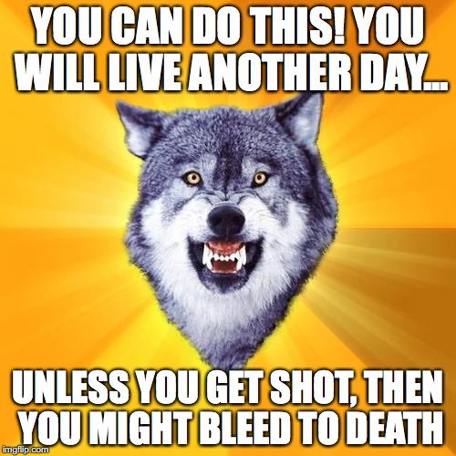 Courage Wolf | YOU CAN DO THIS! YOU WILL LIVE ANOTHER DAY... UNLESS YOU GET SHOT, THEN YOU MIGHT BLEED TO DEATH | image tagged in memes,courage wolf | made w/ Imgflip meme maker