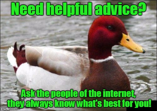 I actually do need a bit of advice right now (see comments) | Need helpful advice? Ask the people of the internet, they always know what's best for you! | image tagged in memes,malicious advice mallard,trhtimmy | made w/ Imgflip meme maker