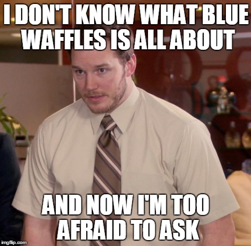 Don't Google It! | I DON'T KNOW WHAT BLUE WAFFLES IS ALL ABOUT; AND NOW I'M TOO AFRAID TO ASK | image tagged in memes,afraid to ask andy,blue,waffles,blue waffle | made w/ Imgflip meme maker
