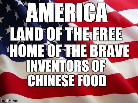 American flag | AMERICA; LAND OF THE FREE; HOME OF THE BRAVE; INVENTORS OF CHINESE FOOD | image tagged in american flag | made w/ Imgflip meme maker