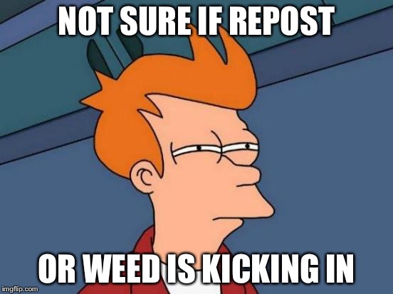 Futurama Fry Meme | NOT SURE IF REPOST OR WEED IS KICKING IN | image tagged in memes,futurama fry | made w/ Imgflip meme maker