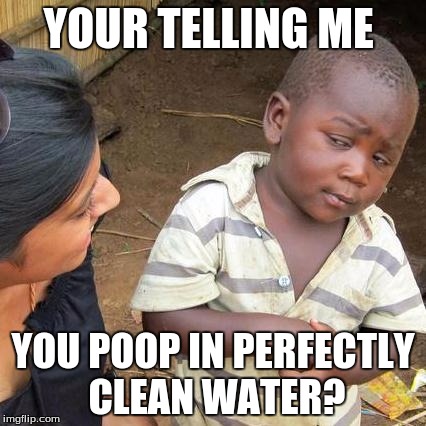 Third World Skeptical Kid Meme | YOUR TELLING ME; YOU POOP IN PERFECTLY CLEAN WATER? | image tagged in memes,third world skeptical kid | made w/ Imgflip meme maker