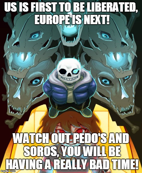 Undertale Sans | US IS FIRST TO BE LIBERATED, EUROPE IS NEXT! WATCH OUT PEDO'S AND SOROS, YOU WILL BE HAVING A REALLY BAD TIME! | image tagged in undertale sans | made w/ Imgflip meme maker