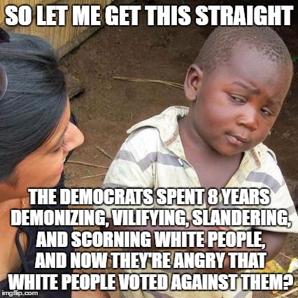 Third World Skeptical Kid Meme | SO LET ME GET THIS STRAIGHT; THE DEMOCRATS SPENT 8 YEARS DEMONIZING, VILIFYING, SLANDERING, AND SCORNING WHITE PEOPLE, AND NOW THEY'RE ANGRY THAT WHITE PEOPLE VOTED AGAINST THEM? | image tagged in memes,third world skeptical kid | made w/ Imgflip meme maker