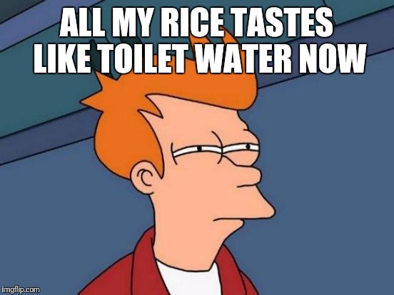 Futurama Fry Meme | ALL MY RICE TASTES LIKE TOILET WATER NOW | image tagged in memes,futurama fry | made w/ Imgflip meme maker