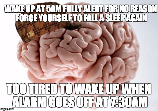 Scumbag Brain | WAKE UP AT 5AM FULLY ALERT FOR NO REASON FORCE YOURSELF TO FALL A SLEEP AGAIN; TOO TIRED TO WAKE UP WHEN ALARM GOES OFF AT 7:30AM | image tagged in scumbag brain,scumbag | made w/ Imgflip meme maker