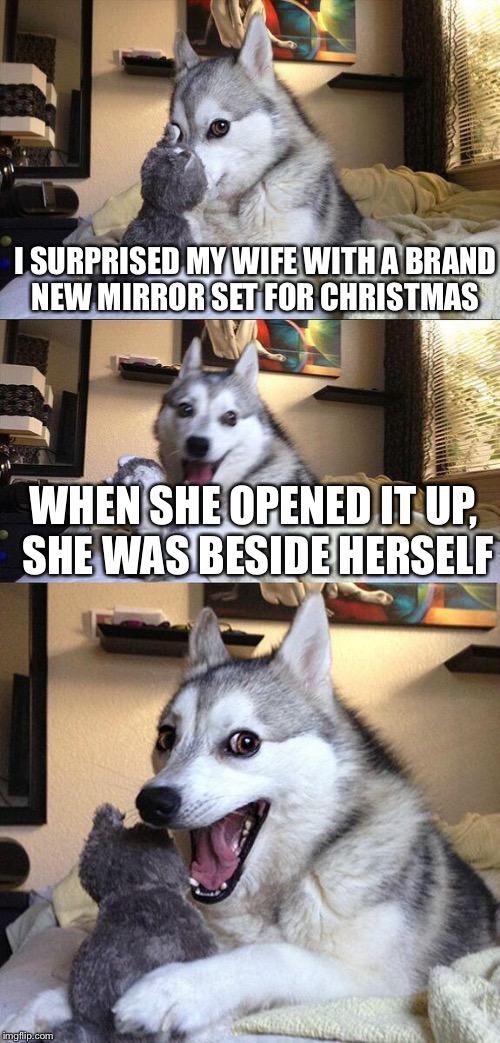 Bad Pun Dog | I SURPRISED MY WIFE WITH A BRAND NEW MIRROR SET FOR CHRISTMAS; WHEN SHE OPENED IT UP, SHE WAS BESIDE HERSELF | image tagged in memes,bad pun dog | made w/ Imgflip meme maker