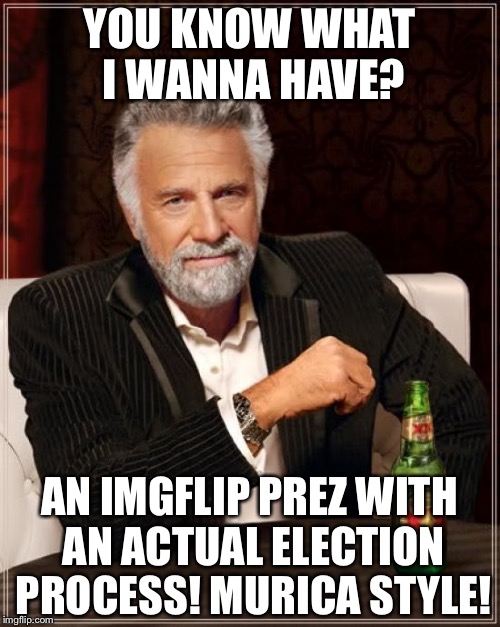 The Most Interesting Man In The World | YOU KNOW WHAT I WANNA HAVE? AN IMGFLIP PREZ WITH AN ACTUAL ELECTION PROCESS! MURICA STYLE! | image tagged in memes,the most interesting man in the world | made w/ Imgflip meme maker